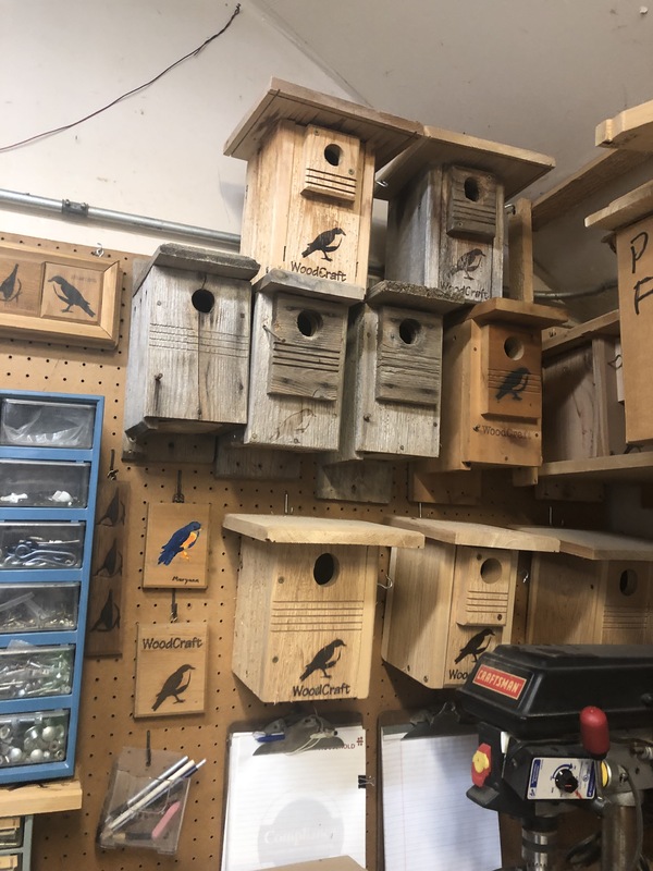 A photograph of a wall with rows of bird houses hanging from it. The bird houses are made of various types of wood, with circular holes in the front. Below the hole are several grooves in the wood. Some of the birdhouses have a black engraving of a bird and the word “WoodCraft” below the grooves. To the left of the bird houses are small blocks of wood with the same bird logo painted on them and a small blue shelf with drawers full of metal parts. In the bottom right corner is the top of a drill press woodworking machine.