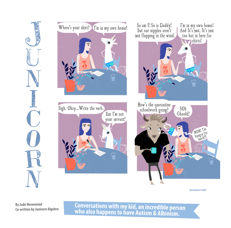 A comic from the webcomic “Junicorn” with a 2 by 2 layout of a unicorn, woman, and bull talking at a table.