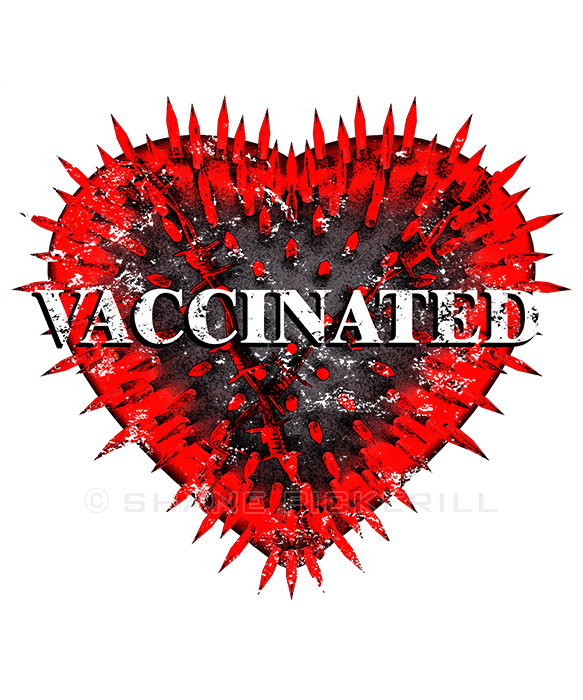 A digital drawing of a heart on a white backdrop. The heart is black and covered in red spikes, some of which are shaped like syringes. Across the heart is the word “vaccinated” in distressed-looking white letters. 