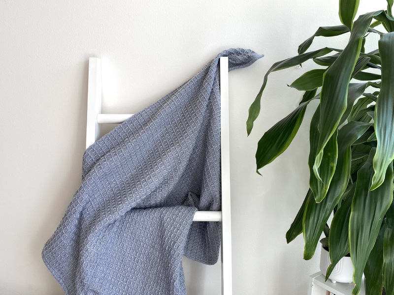 A photograph with a white backdrop. In the center of the photo is a white ladder. Draped over it is the topic of the photo, a silvery grey blanket woven with a pattern of tiny squares. To the right is a potted plant with long, tapering dark green leaves in a white pot on a small table.
