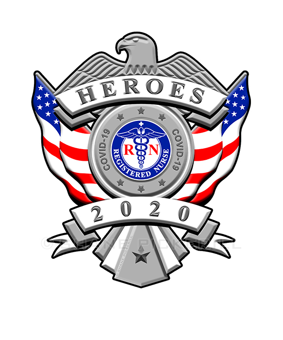 A digital drawing of an emblem. The emblem is silver and shaped like an eagle, with an American flag below each wing. Underneath the eagle’s head is the word “heroes”, and above the tail are the numbers “2020”. In the center of the emblem is a circle with a second circle inside it. In the inner circle is a blue caduceus with the letter R in red on the left and the letter N in red on the right. Beneath it are the words “registered nurse”. The outer circle reads “COVID-19” on the left and right side, with three silver stars on the top and bottom. 