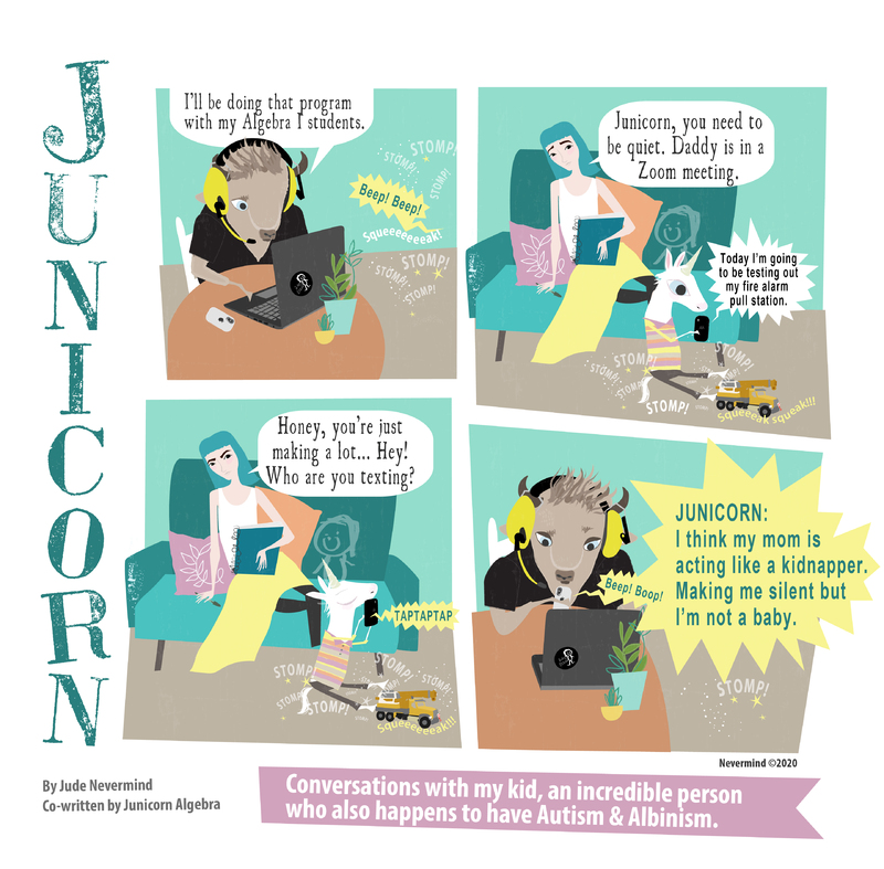 A comic from the webcomic “Junicorn” with a 2 by 2 layout of a bull, woman, and unicorn.