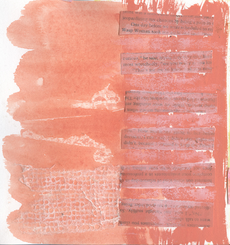 A collage with a white paper background. The background is painted over with a light red gradient that gets darker towards the right side. Lining the right side are strips from book pages, painted over and mostly illegible. Different textured material is at the bottom left corner and the brush strokes from the paint are visible.