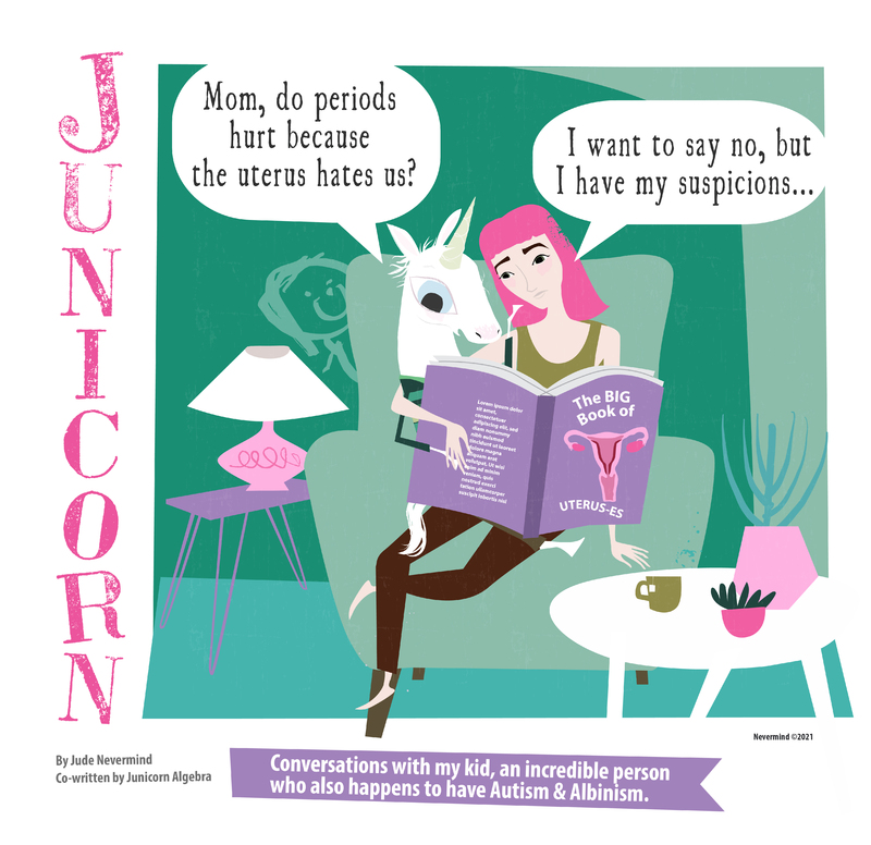 A comic from the webcomic “Junicorn” of a unicorn and woman sitting on a couch talking.