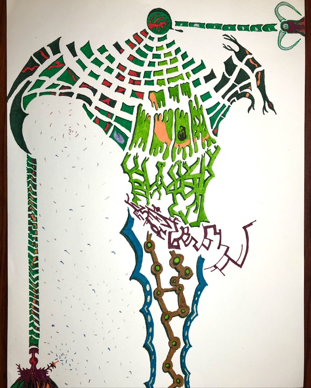 A mixed-media watercolor painting with a large green shape and black ink drawings on a white background